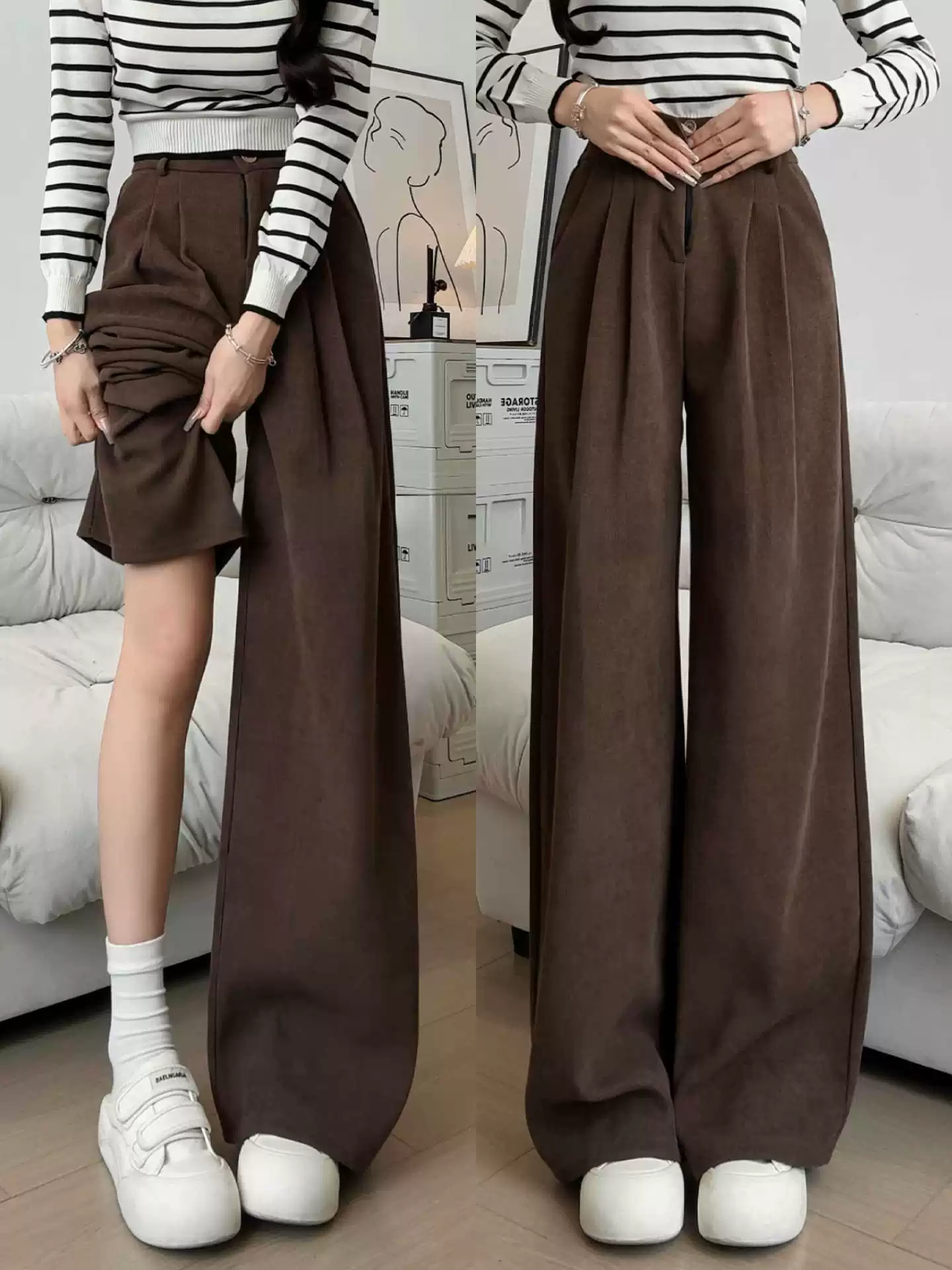 Coffee-colored corduroy wide-leg pants for women, autumn and winter 2025 new style, lined, narrow version, straight-cut, with a good draping effect, suitable for petite figures, western-style pants