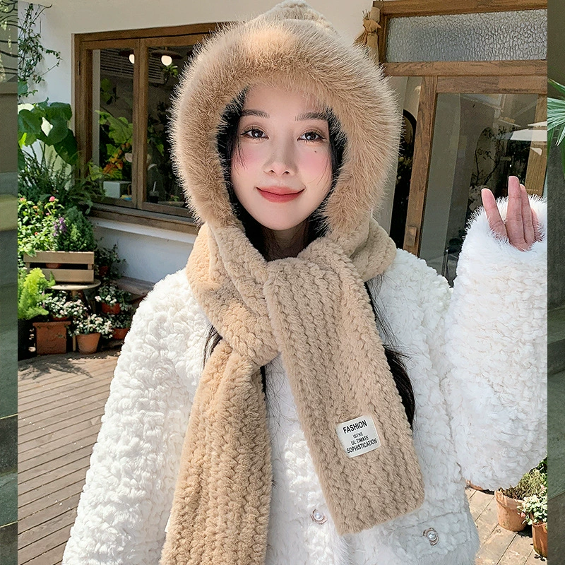 2025 style plush bear hat and scarf one-piece hooded scarf for women, winter cute autumn and winter warm scarf