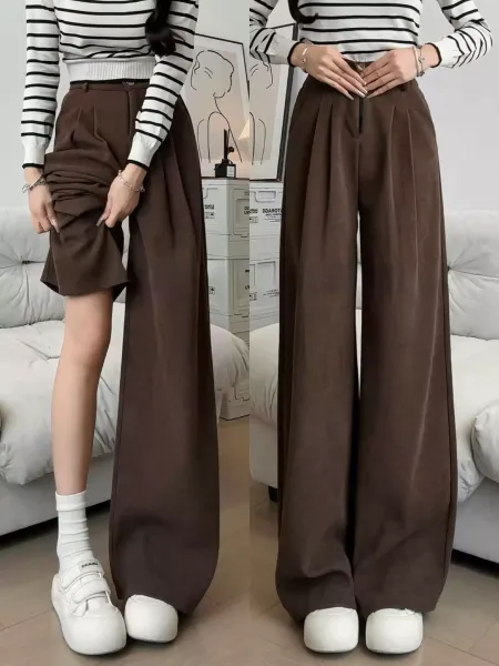 Coffee-colored corduroy wide-leg pants for women, autumn and winter 2025 new style, lined, narrow version, straight-cut, with a good draping effect, suitable for petite figures, western-style pants