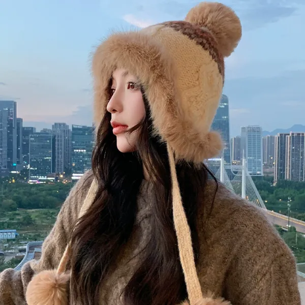 Korean style winter women's hat, cute pom pom knitted hat, large head circumference, autumn windproof head covering hat, ear protection warm hat